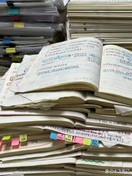 学生面对一堆学习资料和笔记的照片