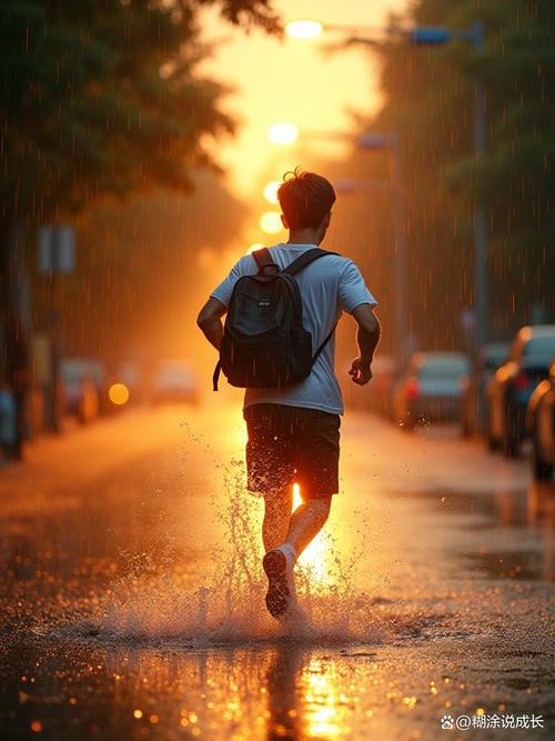 雨中跑步背影孤独坚持