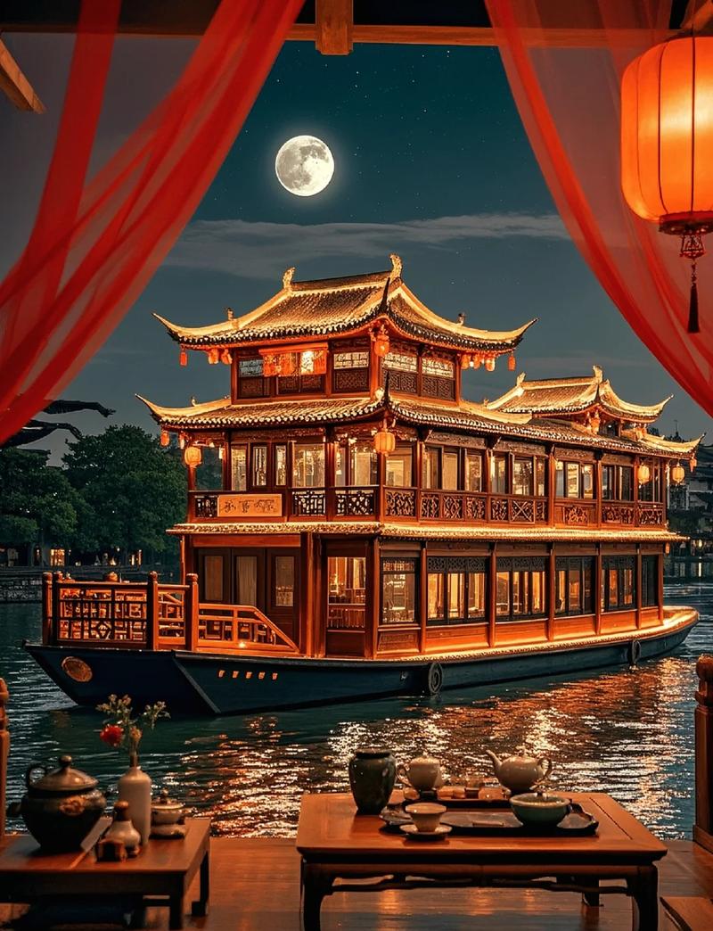 江苏南京秦淮河水面漂浮的莲花河灯与画舫倒影