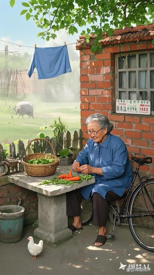 老旧小区单元楼楼下摘菜的老年女性