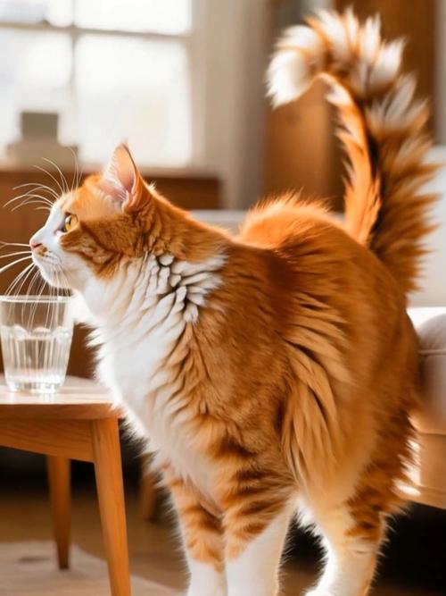 橘猫伸出爪子推玻璃水杯瞬间抓拍