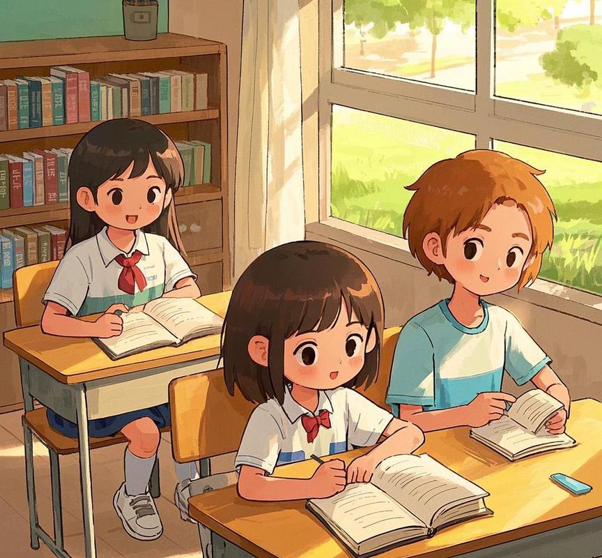 中学生课间围坐聊天倾诉烦恼的漫画场景