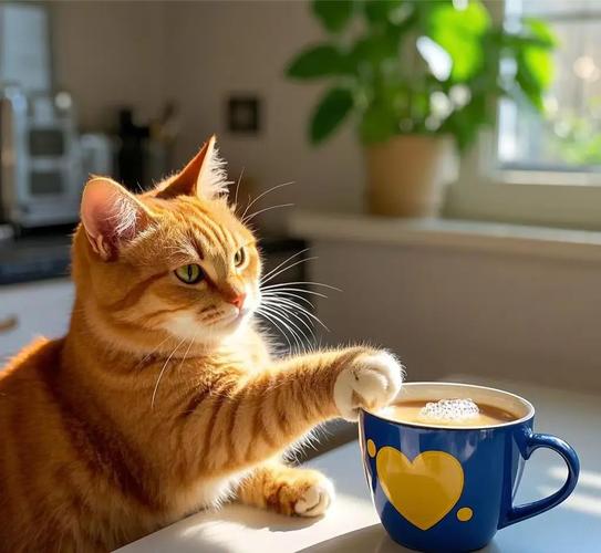 猫咪站在桌子边缘用爪子推一个玻璃杯的瞬间抓拍