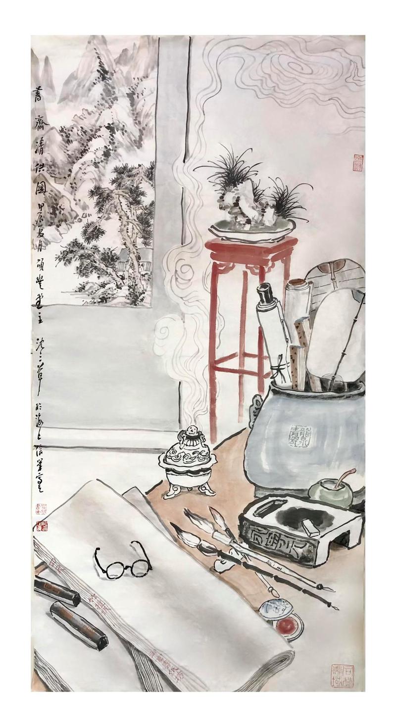 国画创作草稿铺在木质调解办公桌