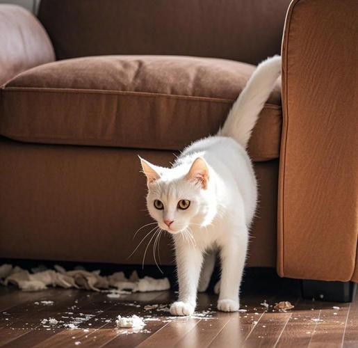 家猫抬后腿对着沙发角喷尿的特写