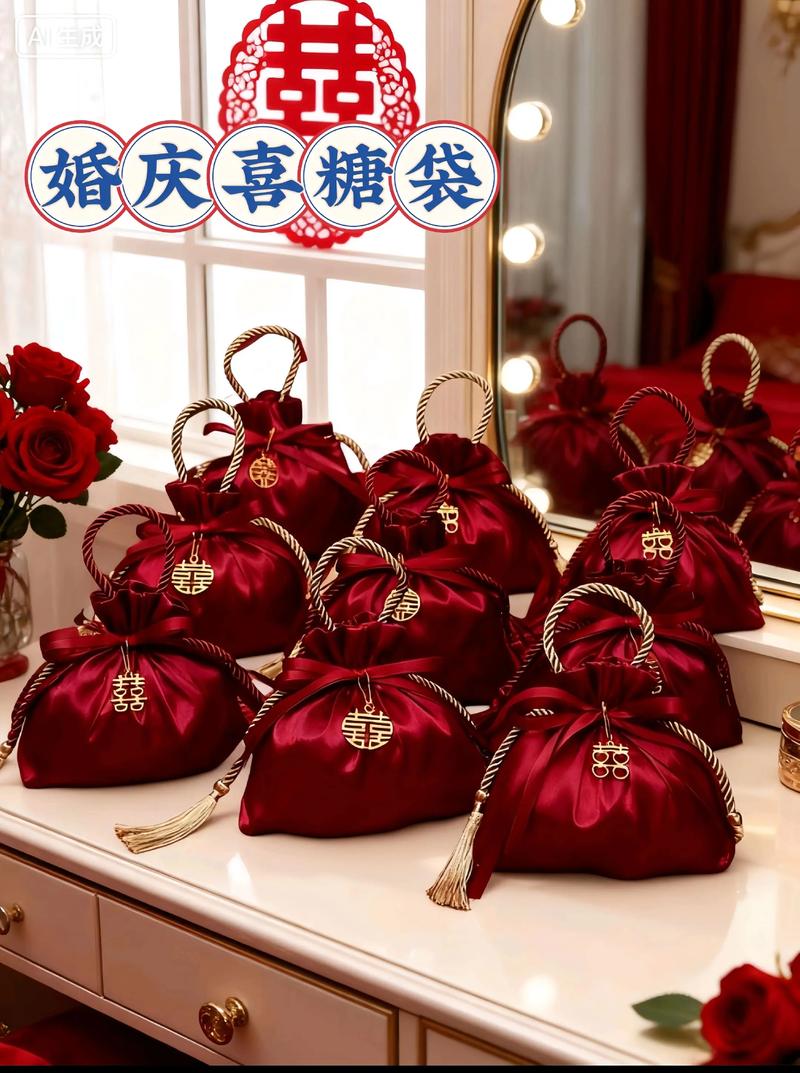 各种材质的精美婚礼喜糖袋样品展示
