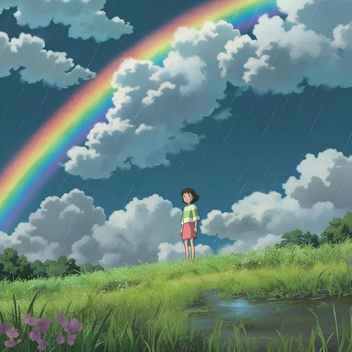雨后小区草坪儿童视角仰望彩虹