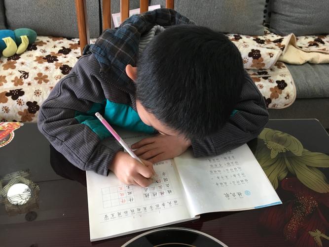 小学生抄生字时攥着笔皱眉头的居家实拍