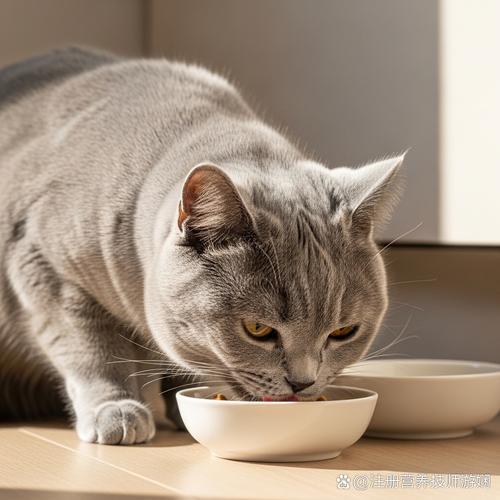 蓝猫蹲在食盆边扭头拒绝吃猫粮