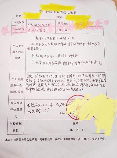 初中生社区志愿服务写实记录表
