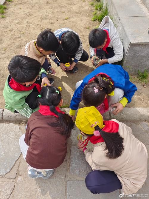 小学教室地面学生围观蚂蚁探究场景