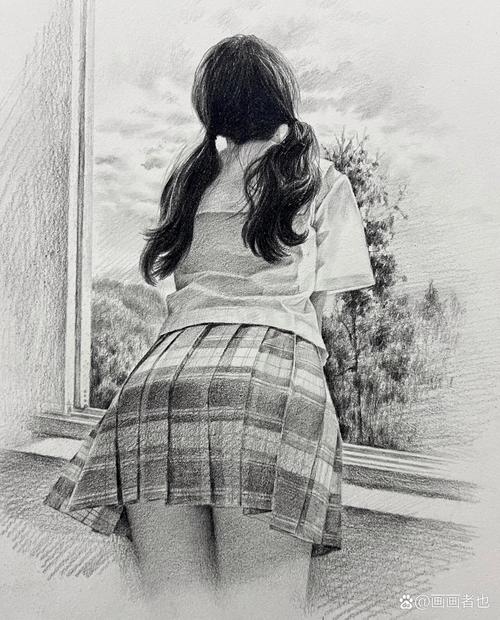 儿童长期坚持绘画窗户边认真画画的背影