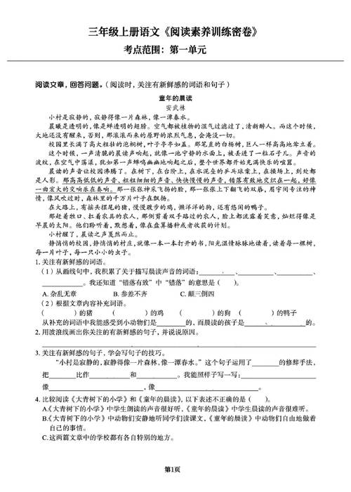 小学三年级语文阅读理解启示类答题空卷实拍