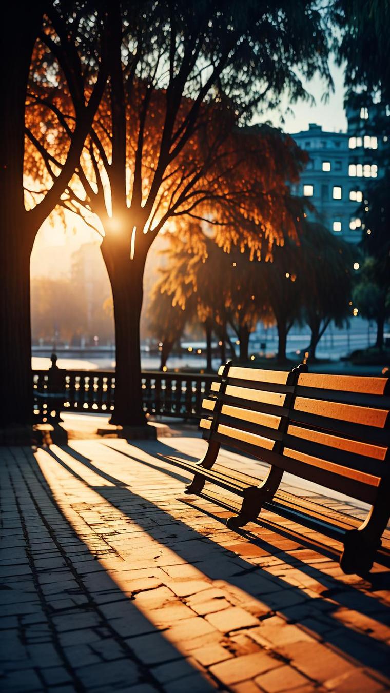 小区花园里长椅上的夕阳和树木剪影