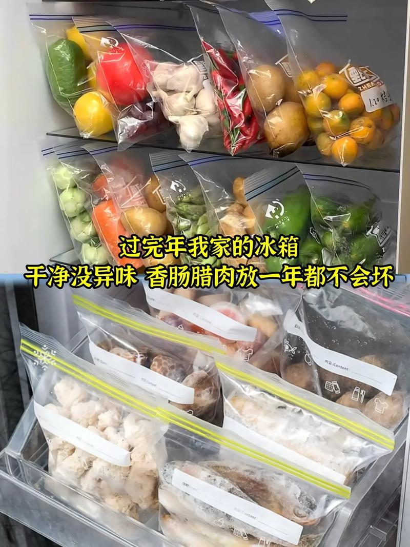 冰箱内部整齐存放着用保鲜袋分装的蔬菜和肉类,标签注明日期
