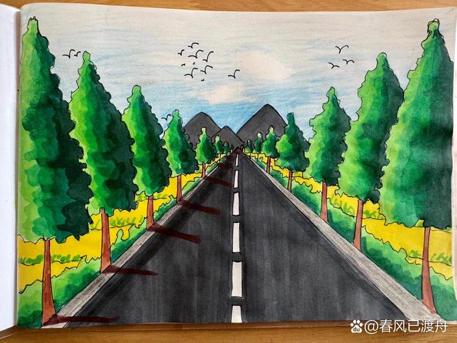 小学美术课透视近大远小户外写生学生作品