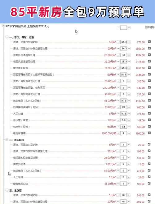 全包装修套餐包含项目对比清单