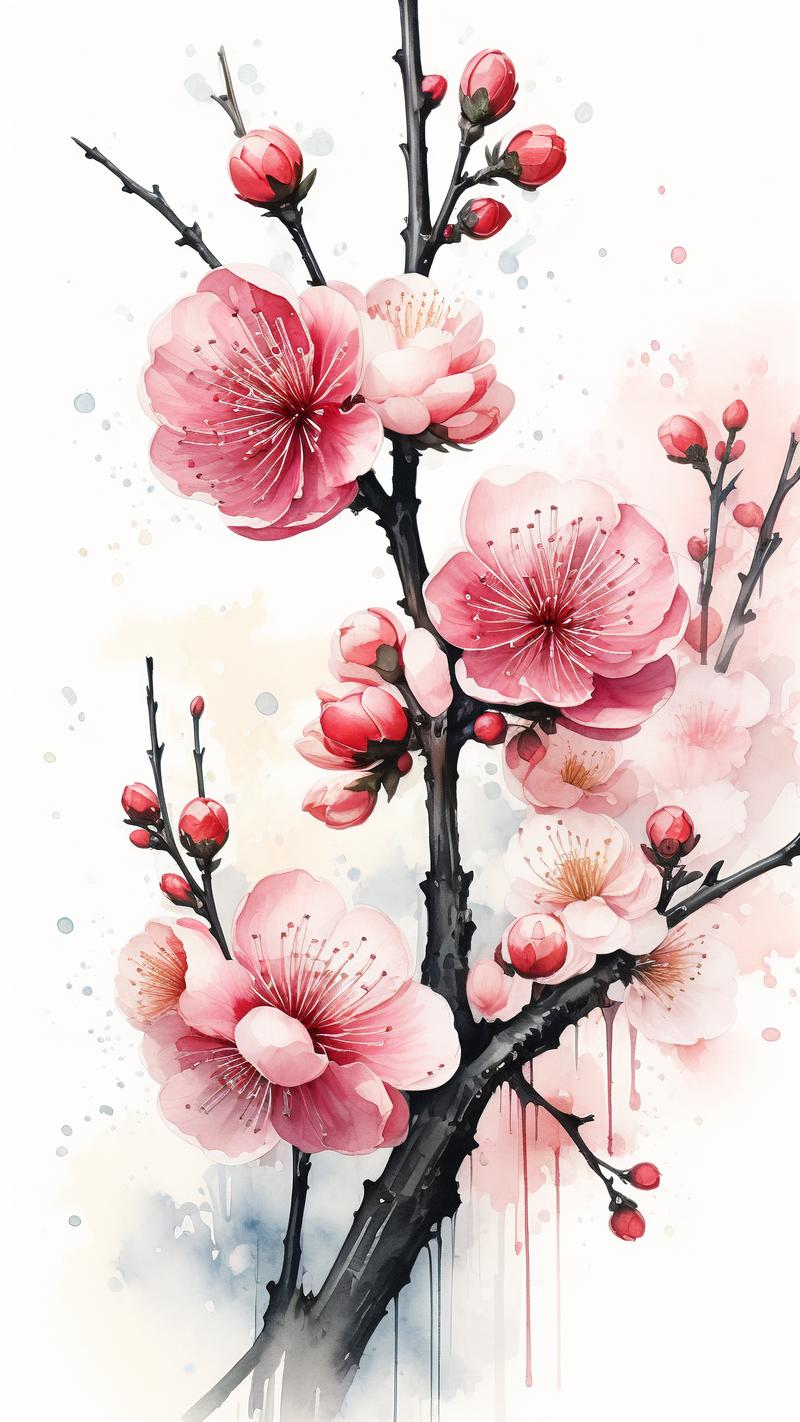 梅花飘落南山意境水彩画