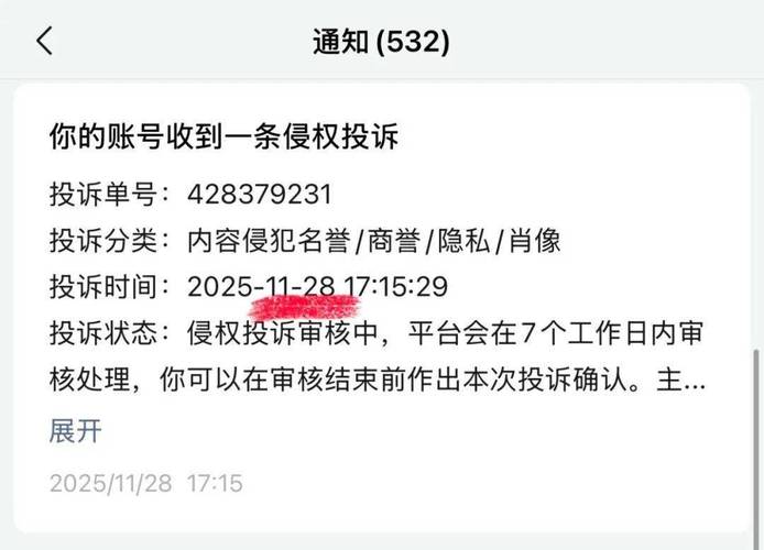 自媒体博主收到网络侵权投诉通知截图