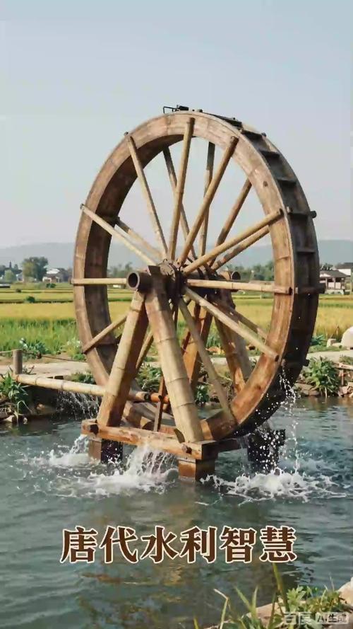 水稻田间传统大型筒车灌溉景象