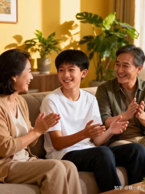 家长和青春期孩子并排坐沙发聊天场景图