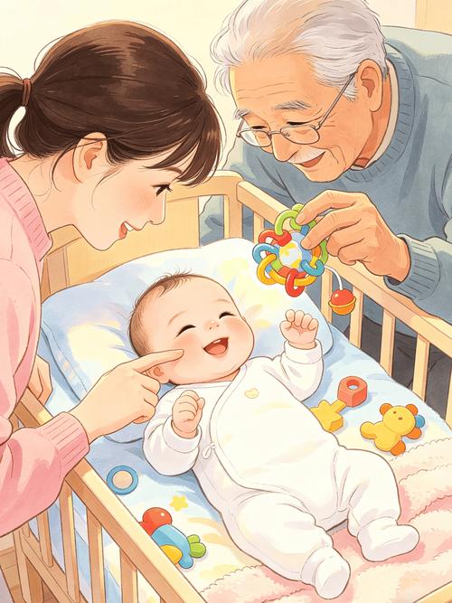 一岁婴儿被爸妈逗笑张嘴露牙家庭互动图