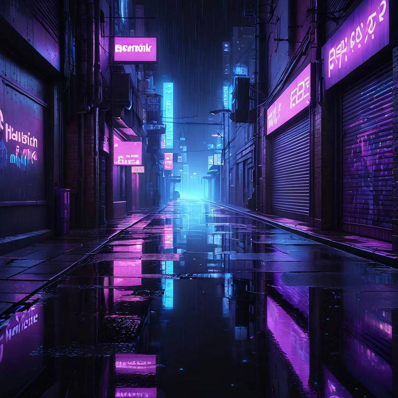 赛博朋克雨夜霓虹灯城市街道概念艺术
