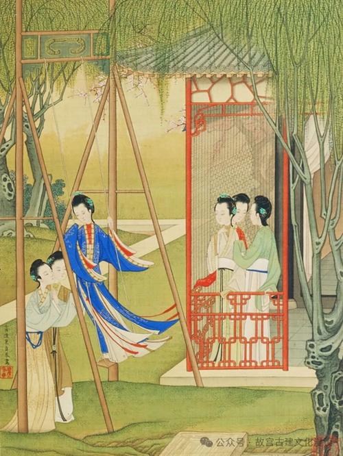 古代仕女荡秋千的古画细节