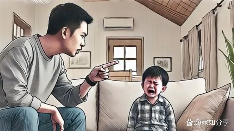 一个男孩低头站着,妈妈愤怒指责,父亲在一旁无奈的家庭冲突场景