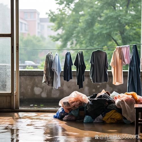 梅雨季南方居民阳台潮湿晾晒衣物场景