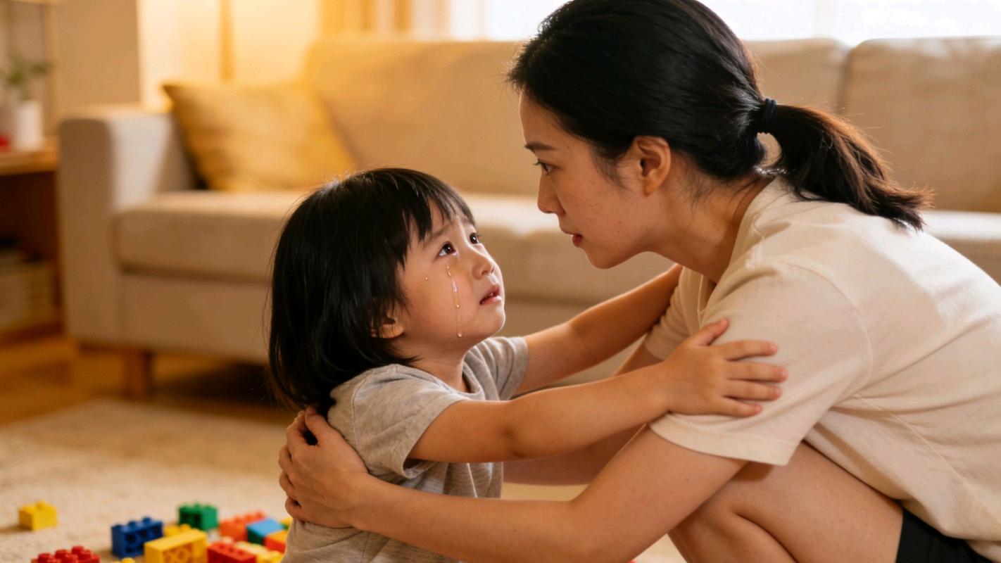 妈妈蹲下来拥抱输比赛哭泣的小男孩