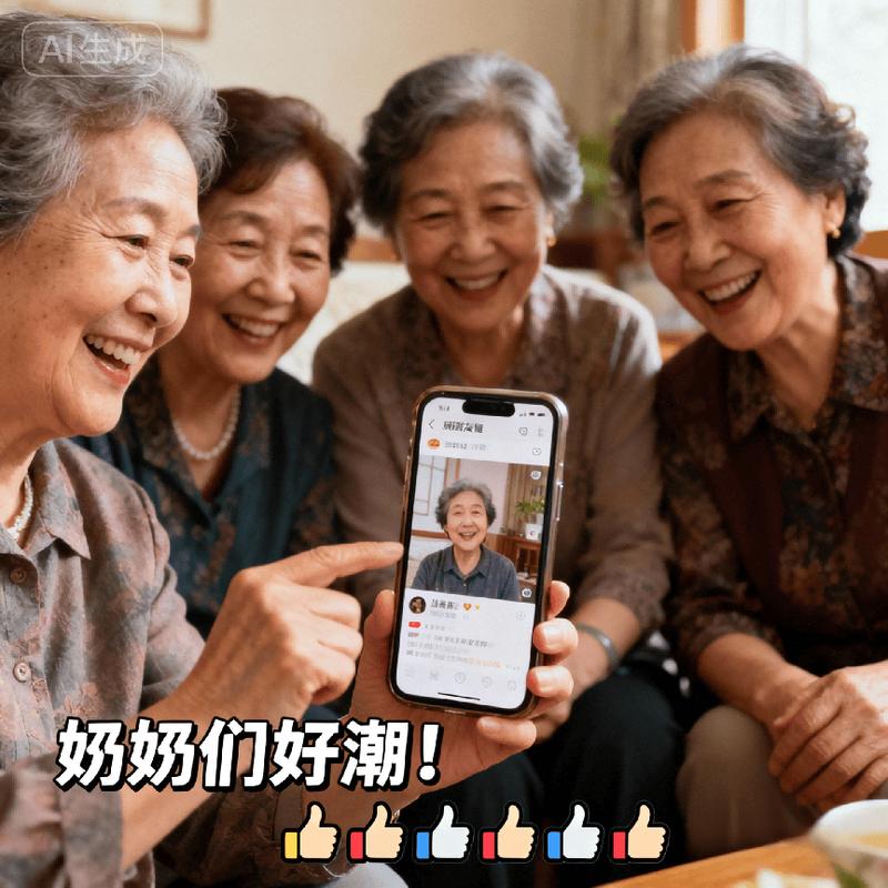 奶奶戴着老花镜用智能手机看育儿科普视频