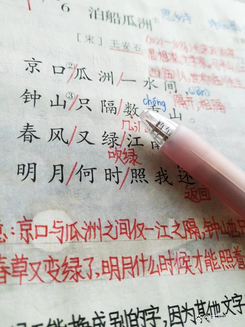 旧语文课本《泊船瓜洲》手写批注照片