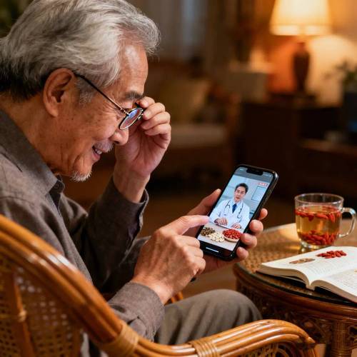 老人看手机健康养生信息实拍