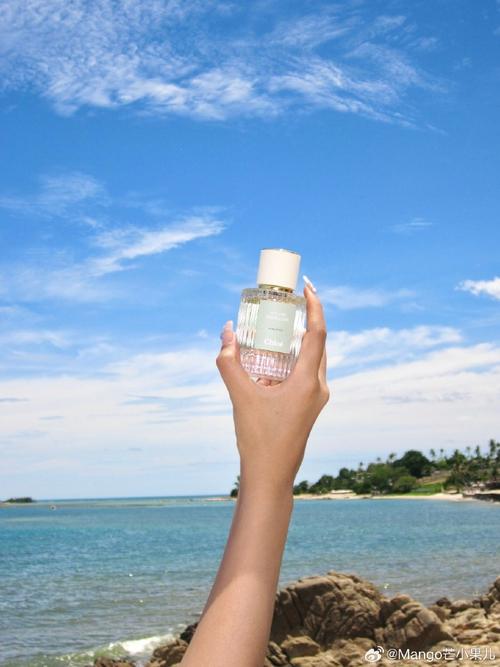 夏日海边手持淡香香水拍照图