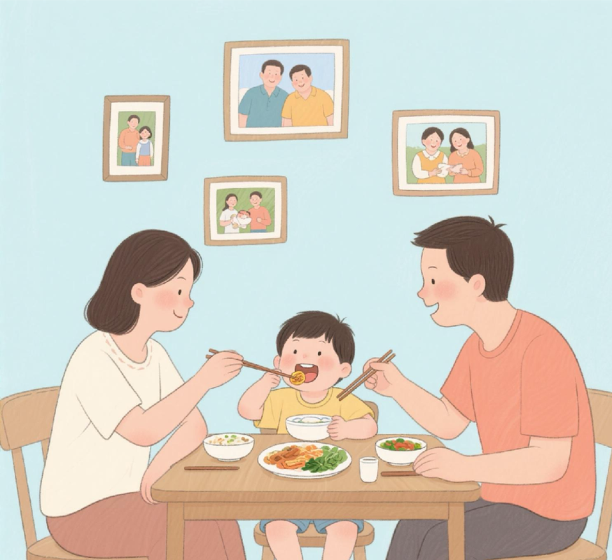 亲子围坐餐桌聊天的温馨场景插画