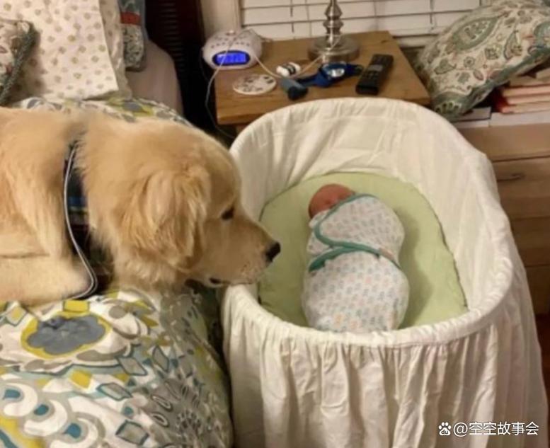 金毛犬温柔地躺在婴儿床旁边守护宝宝