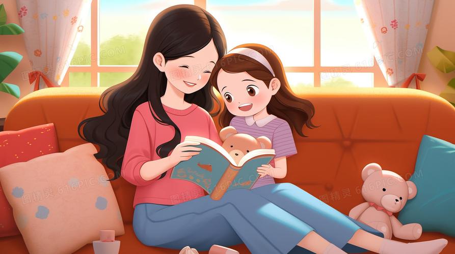 客厅沙发母女同翻不同书的休闲场景