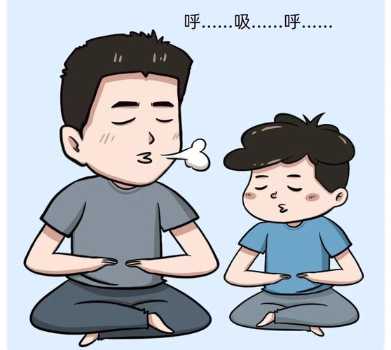 爸爸在孩子面前深呼吸平复情绪示意图