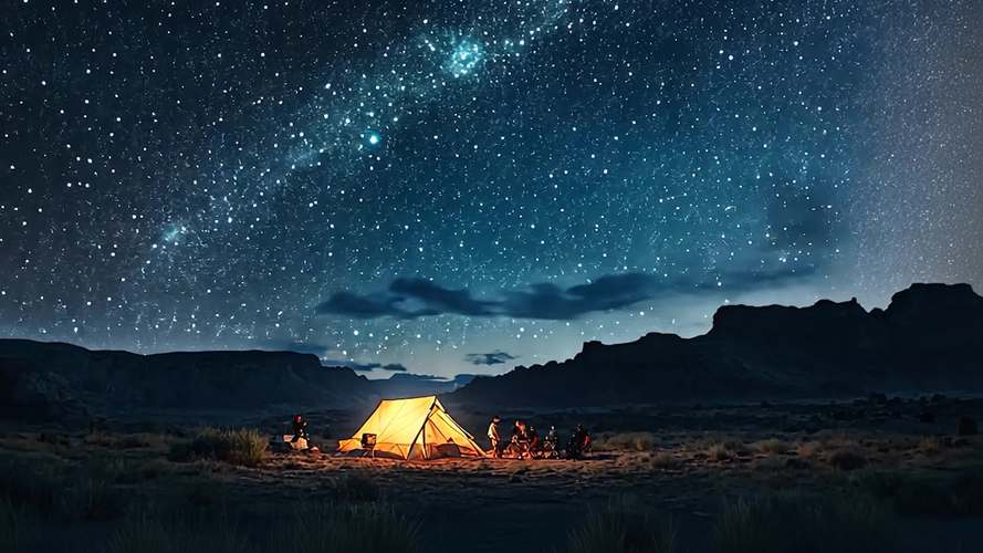 南漳白洋淀岸边露营草地星空夜景