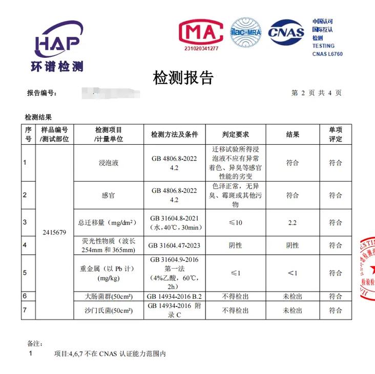 食品接触级装修材料GB4806检测报告实拍
