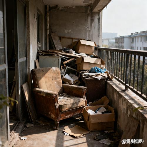 老小区外挑阳台堆放杂物实拍