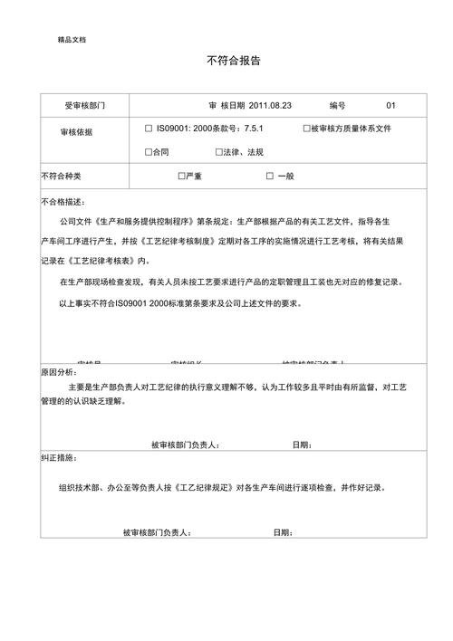 内审检查表不符合项报告示例