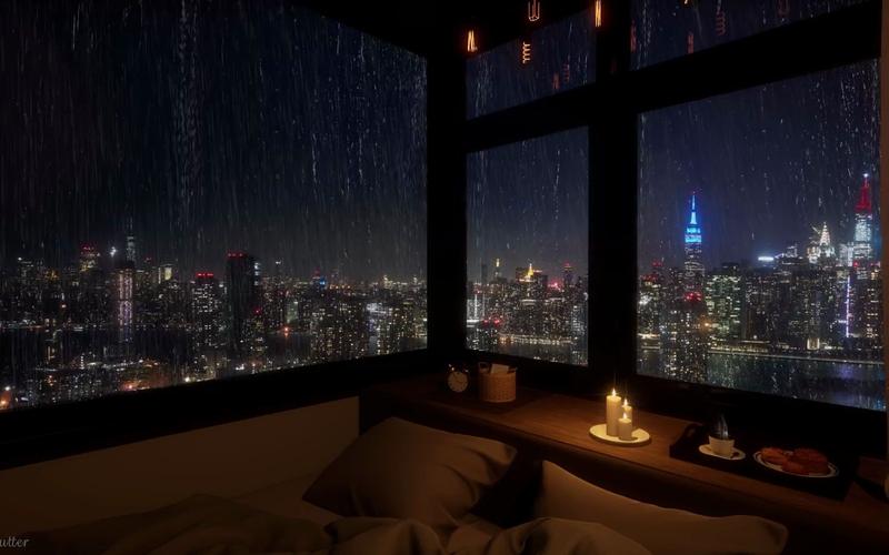 亲子睡前靠床头看窗外城市夜景
