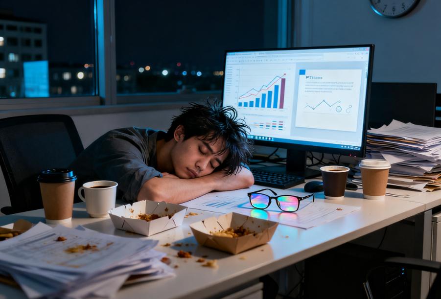 深夜加班程序员疲惫咖啡
