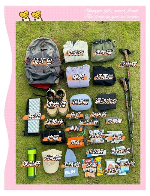 丘陵一日徒步背包物品整理展示