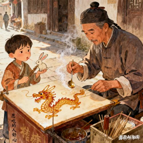 儿童趴在糖画摊前看老艺人熬糖手绘场景