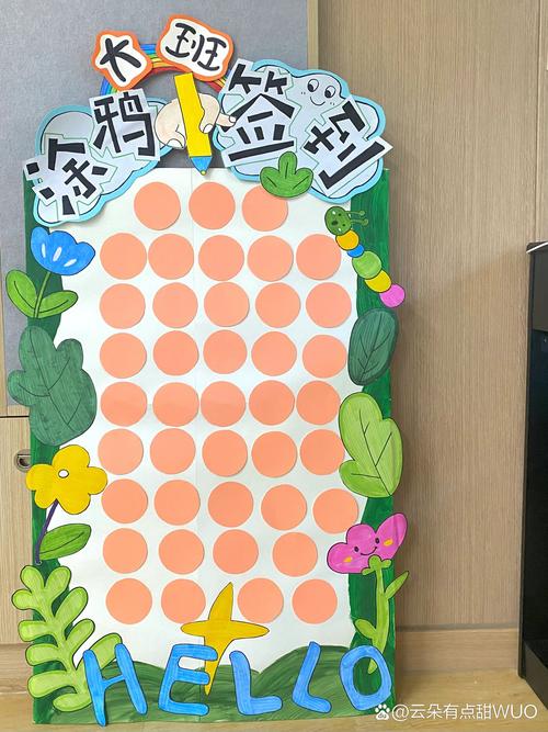 学生贴满便签手绘画的班级后门展示板