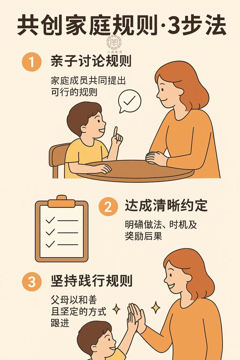 家长和孩子一起制定家庭规则示意图