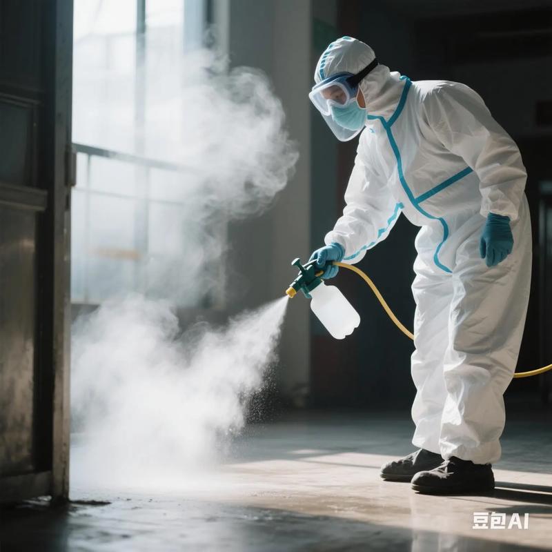 工业车间工人佩戴防护面具喷洒消毒剂